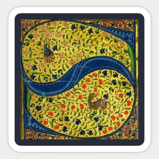 WEIRD MEDIEVAL BESTIARY, S LETTER INHABITED by SNAIL AND DRAGON AMONG COLORFUL FLOWERS Sticker